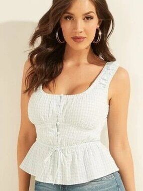 GUESS Larisen Milkmaid Seersucker Gingham Top Size Medium